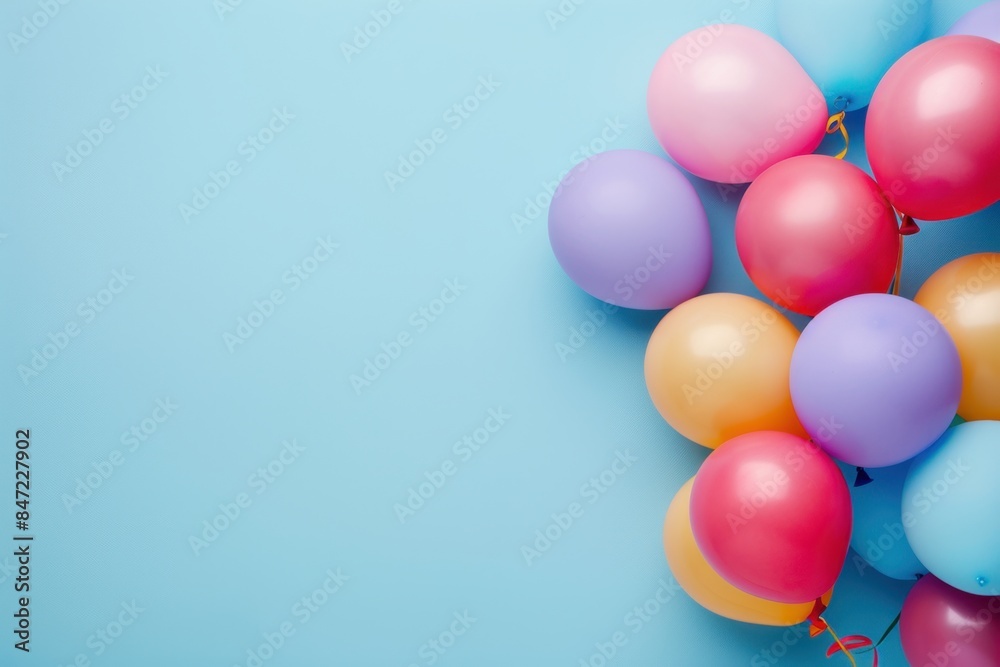 A bunch of colorful balloons on a light blue background, for a birthday concept Generative AI A bunch of colorful balloons on a light blue background, for a birthday concept Generative AI
