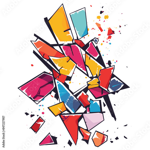 Abstract geometric artwork features vibrant colored shards against isolated white background. Bright shapes explosion comprises red, yellow, blue, pink, orange fragments scattered dynamically
