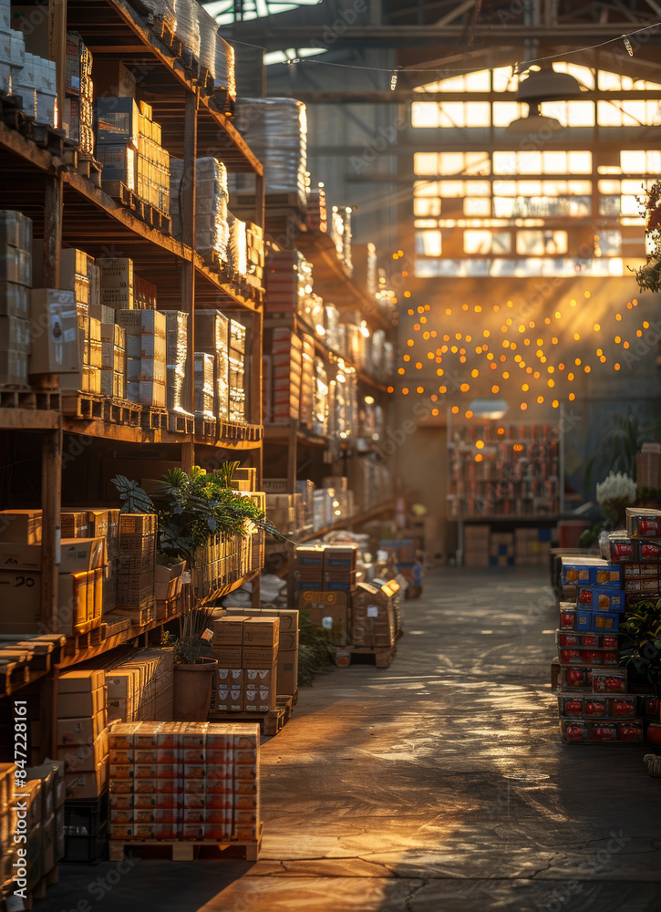 Fototapeta premium Warehouse Interior With Sunbeams. A warehouse interior with rows of shelves filled with boxes.