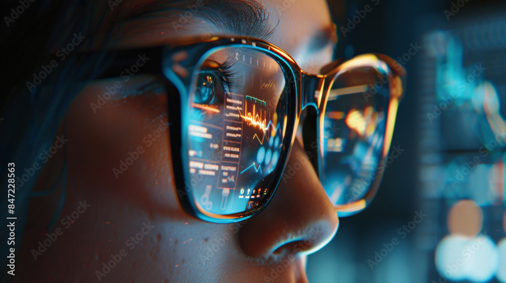 Person examining digital graphs and data on smart eyewear in a close-up view Person examining digital graphs and data on smart eyewear in a close-up view