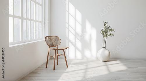 A minimalist Scandia beautiful wooden chair in a white themed room  photo