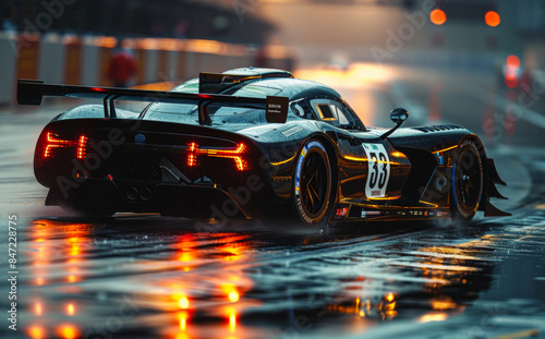 A black race car with the number 38 on the side is driving on a wet track. The car is surrounded by bright lights, creating a dramatic and exciting atmosphere