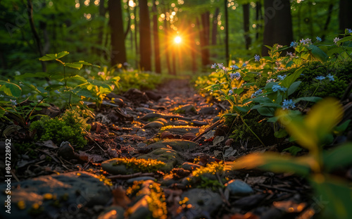A path through a forest with a sun shining through the trees. The sun is casting a warm glow on the ground and the plants