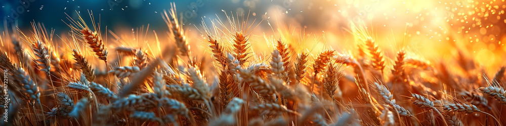 Macro closeup photo of wheat seeds in field glowing with natural sunshine Macro closeup photo of wheat seeds in field glowing with natural sunshine