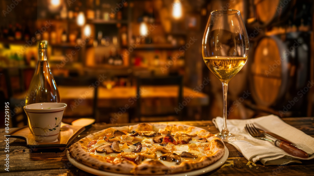 Italian pizza and wine in cozy rustic restaurant Italian pizza and wine in cozy rustic restaurant