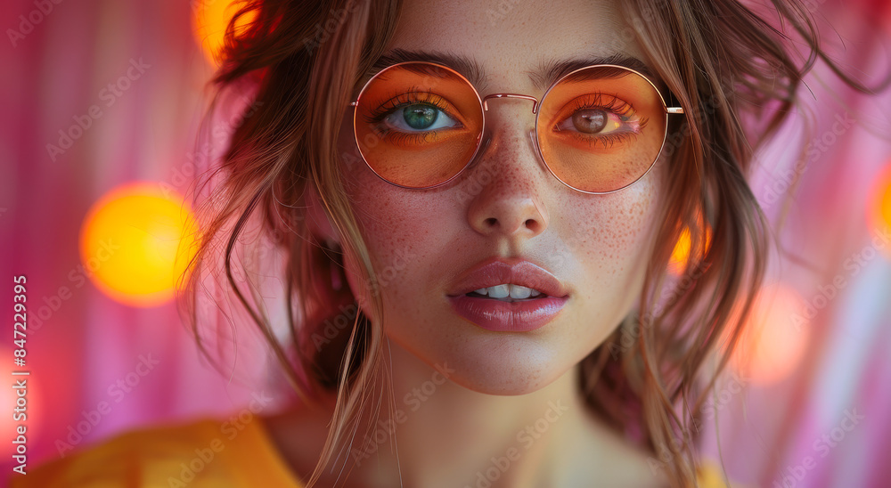 A woman with green eyes and orange glasses. She is smiling and looking at the camera. The image has a bright and cheerful mood A woman with green eyes and orange glasses. She is smiling and looking at the camera. The image has a bright and cheerful mood