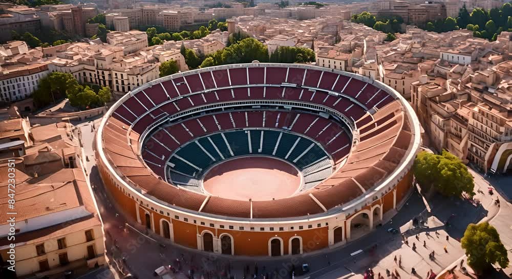 Aerial view of a bullring in a city. Aerial view of a bullring in a city.