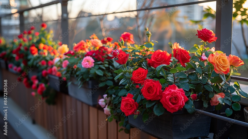 Fototapeta premium Pink and Red Roses Blooming in the Afternoon Sunlight