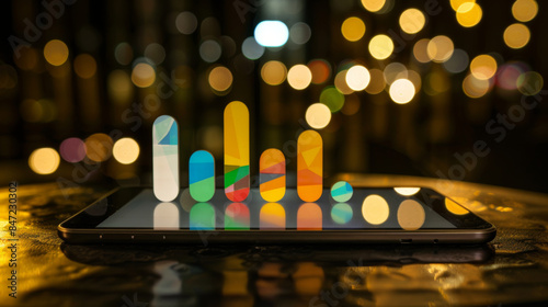 Smartphone display showing colorful 3D bar graph with bokeh lights in the background
