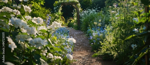 Engaging and Natural English Cottage Garden View: White and blue flowers line a winding pathway in a charming garden, framed by a wooden archway with a mix of clematis, catnip, lamb's ears. photo