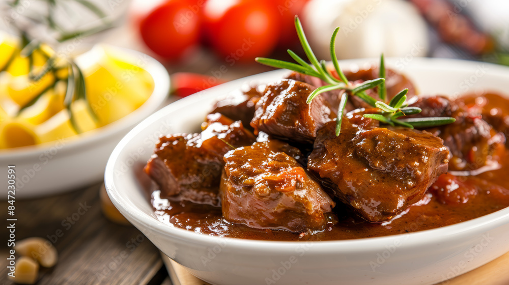 Beef stew in a white bowl garnished with rosemary and surrounded by vegetables. Beef stew in a white bowl garnished with rosemary and surrounded by vegetables.