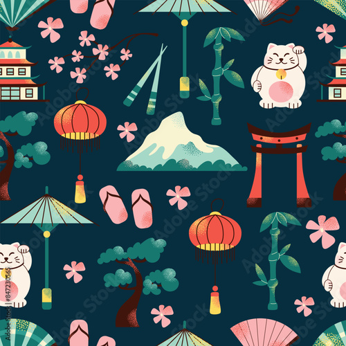 Japanese art and culture seamless pattern. Set of Japanese travel. Symbols of the island. Various sights and famous elements. Pagoda architecture, maneki neko toy. National traditional illustration
