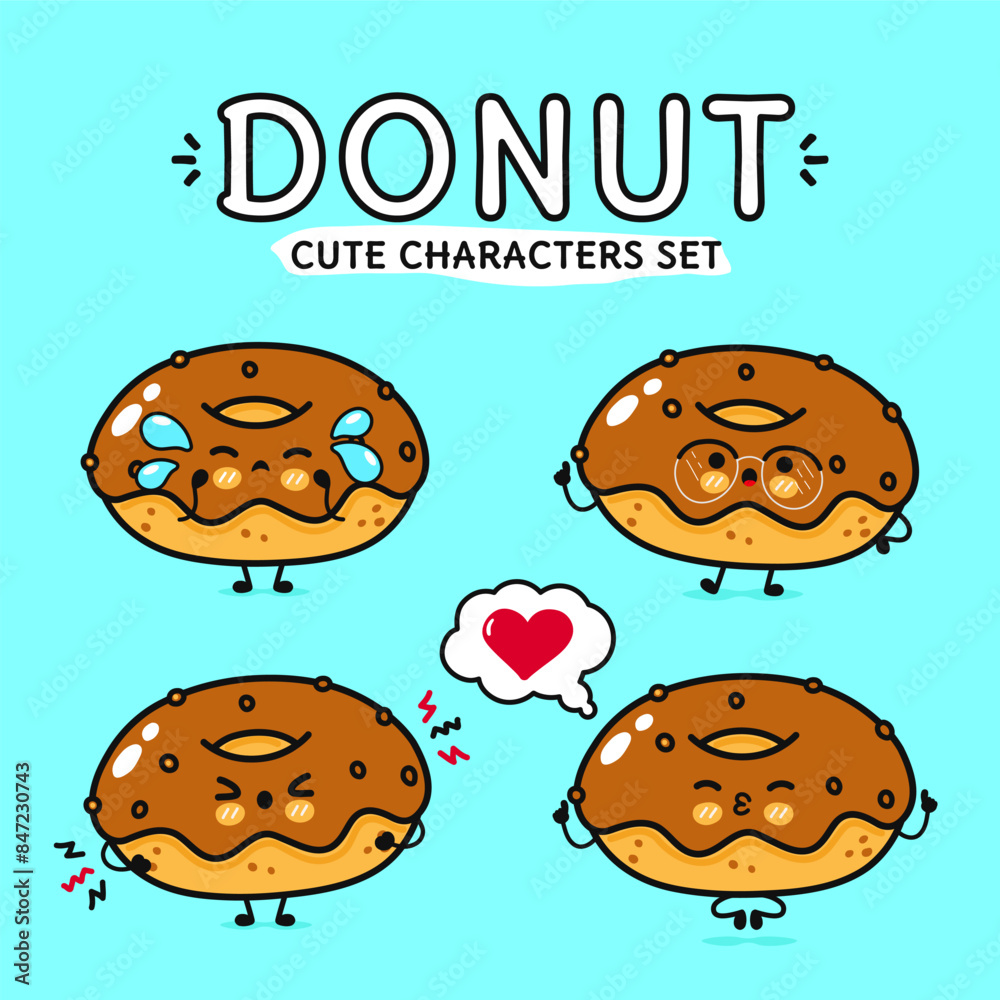 Funny cute happy chocolate Donut characters bundle set. Vector hand drawn doodle style cartoon character illustration. Isolated on blue background. Donut mascot character collection Funny cute happy chocolate Donut characters bundle set. Vector hand drawn doodle style cartoon character illustration. Isolated on blue background. Donut mascot character collection