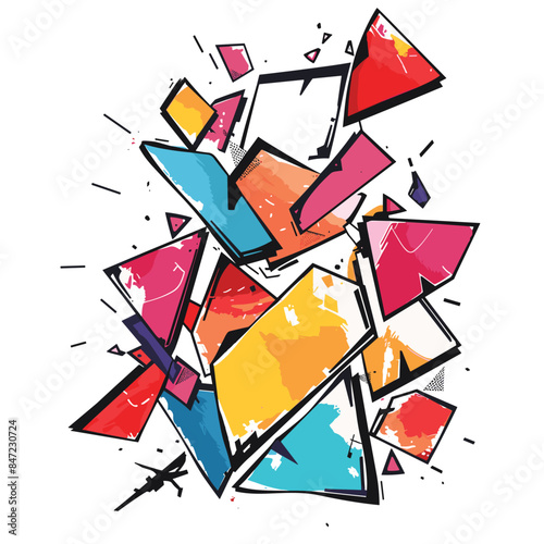 Geometric shards vibrant glass shattered, creating chaotic explosion color shape. Abstract prism formations sharp edges scatter across white canvas. Multicolored polygonal fragments burst