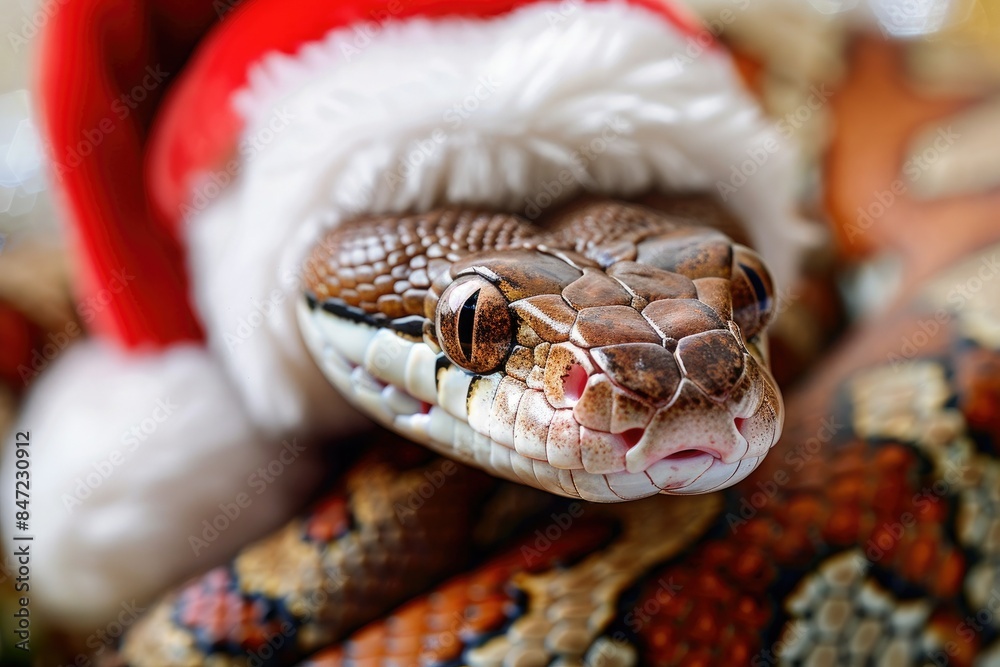 Close-up of a snake wearing a red Santa Claus hat, symbol of the 2025 New Year according to the Eastern Chinese calendar. Reptile celebrates New Year and Christmas Close-up of a snake wearing a red Santa Claus hat, symbol of the 2025 New Year according to the Eastern Chinese calendar. Reptile celebrates New Year and Christmas