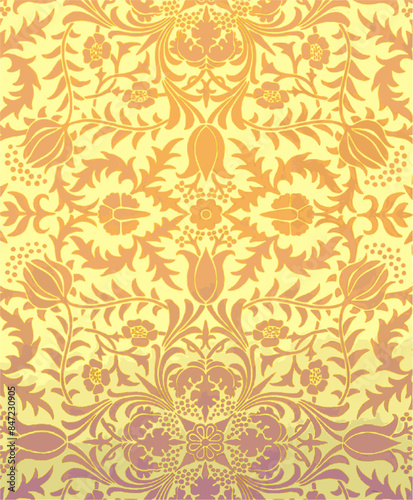 Tile image of a yellow and pink art nouveau floral pattern.