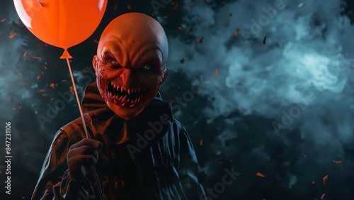 Halloween Monster Mann im Anzug mit Kürbis Maske und gruseligen Hintergrund photo