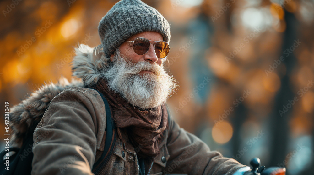 Fototapeta premium Mature beard man riding his bicycle.