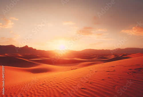 Sunset over red sand dunes in the sahara desert
