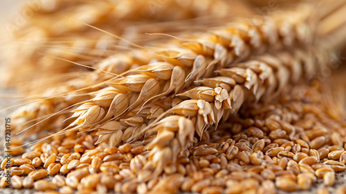 wide closeup photo of brown color raw wheat seeds spread on a white table 