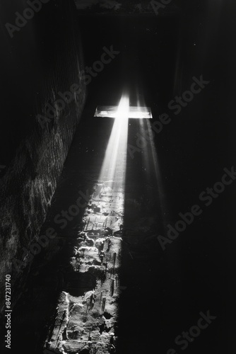 Cross-shaped lighton a wall in the dark. Black and white photo. photo