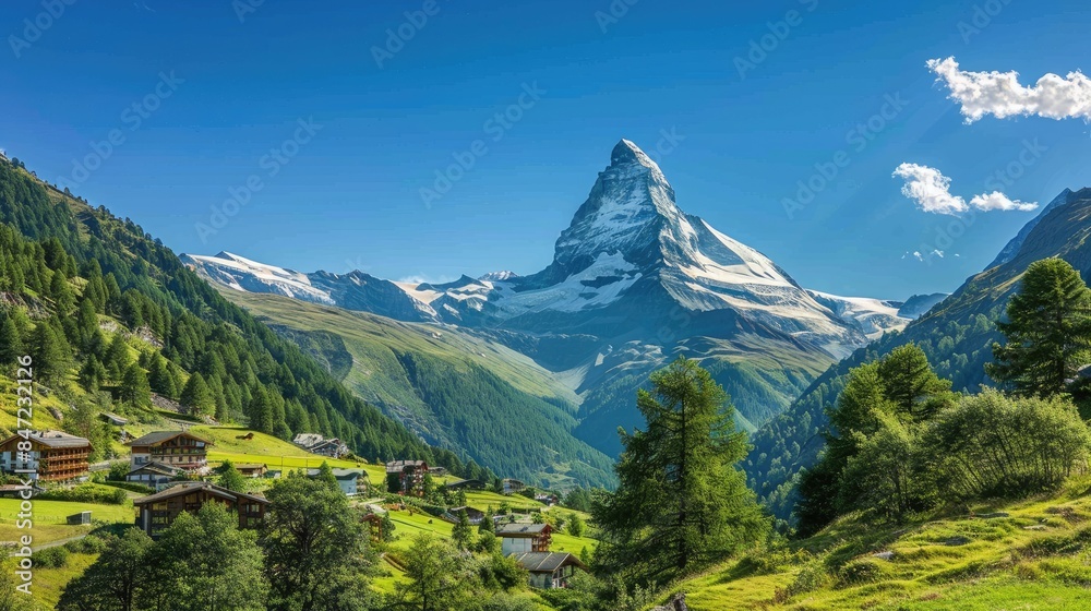 Fototapeta premium a mountain landscape adorned by lush green meadows and dense pine forests reaching up to the skyline, under the clear blue skies, evoking a sense of awe and tranquility.