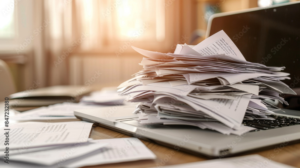 A mountain of paperwork crowning a laptop on a busy desk A mountain of paperwork crowning a laptop on a busy desk