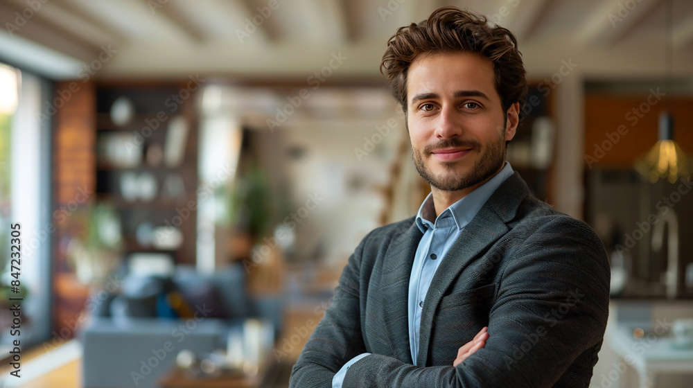 Fototapeta premium wide closeup business photo of handsome real estate agent man wearing a suite and looking at the camera with a friendly smile 