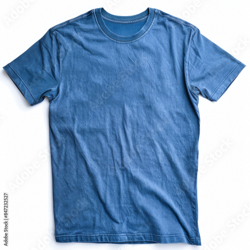 Blue Shirt Mockup on White Background: Blank Blue T-Shirt Mockup Unisex for Branding, Fashion Design, and Product Display - Minimalist Blue Shirt Mockup