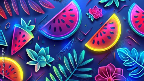 Fototapeta Naklejka Na Ścianę i Meble -  Vivid and colorful neon 3d watermelon abstraction for striking and unique background visuals, wide banner