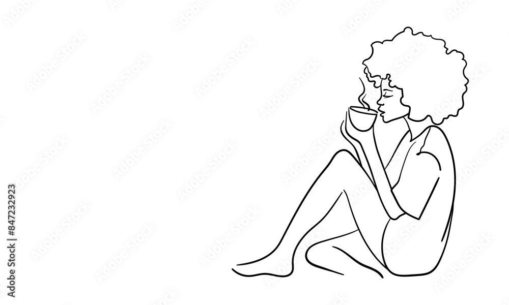 Girl sitting on the floor and drinking hot coffee continuous line art drawing isolated on white background. Vector illustration Girl sitting on the floor and drinking hot coffee continuous line art drawing isolated on white background. Vector illustration