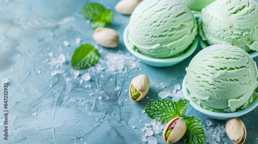 Close up abstract background of pistachio ice cream with textured minimalist style, wide banner, empty space Close up abstract background of pistachio ice cream with textured minimalist style, wide banner, empty space