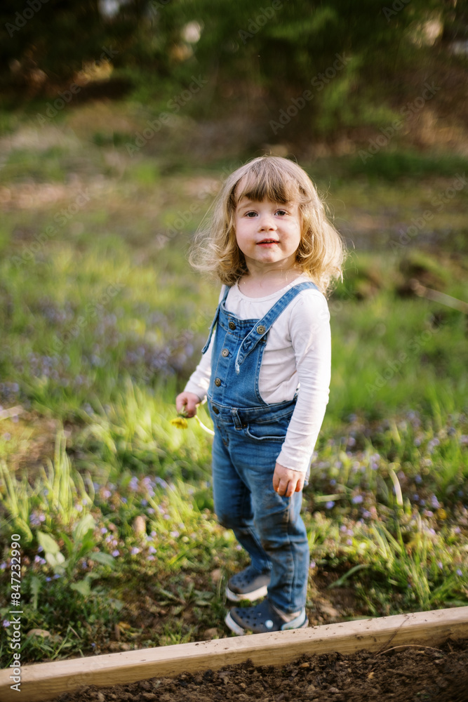 toddler girl outdoors in backyard garden in spring toddler girl outdoors in backyard garden in spring