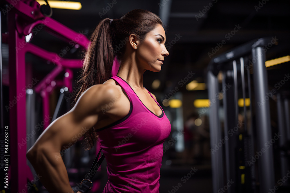 Woman in pink tank top lifting weights at the gym Woman in pink tank top lifting weights at the gym