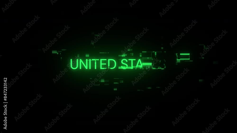United states text with screen effects of technological failures. Spectacular screen glitch with various kinds of interference. Looped United states text with screen effects of technological failures. Spectacular screen glitch with various kinds of interference. Looped