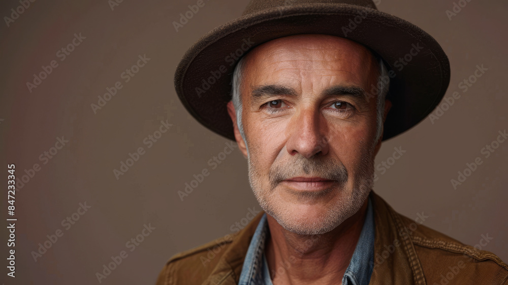 Portrait of grey-haired man wearing the hat Portrait of grey-haired man wearing the hat