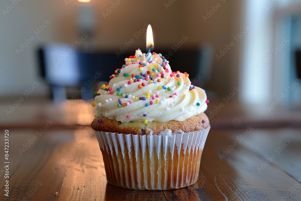 Cupcake with white frosting and colorful sprinkles is sitting on a wooden table with a lit candle on top Cupcake with white frosting and colorful sprinkles is sitting on a wooden table with a lit candle on top