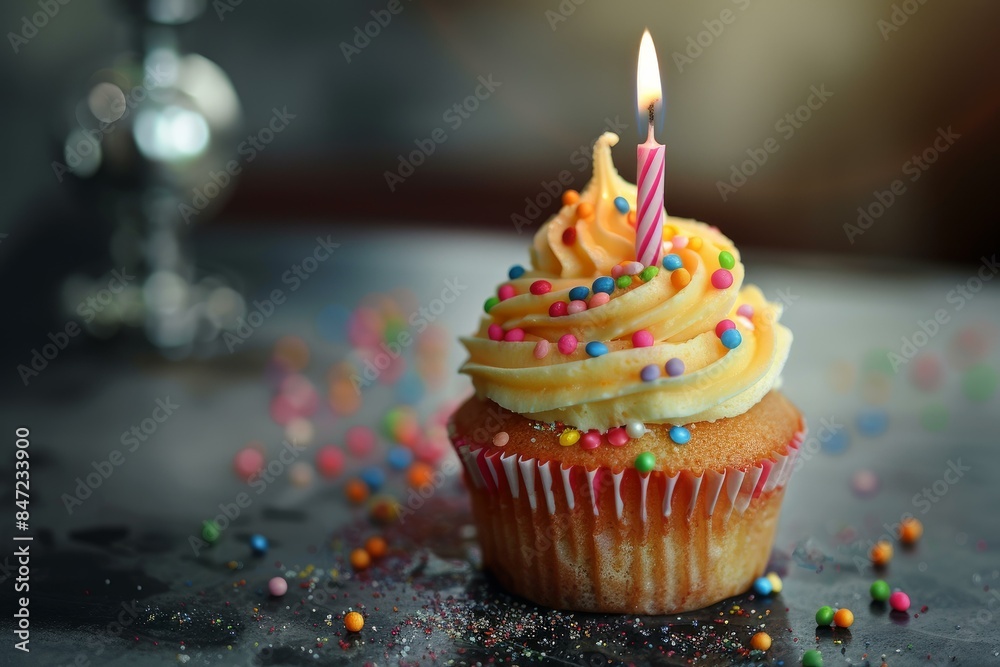 Cupcake with a lit candle sits on a table, surrounded by colorful sprinkles, ready to be enjoyed as part of a birthday celebration Cupcake with a lit candle sits on a table, surrounded by colorful sprinkles, ready to be enjoyed as part of a birthday celebration