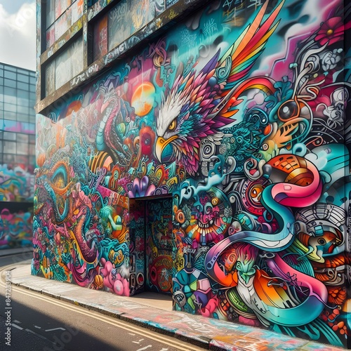 Vibrant Graffiti Wall Art Featuring Colorful Eagle and Abstract Designs on Urban Street