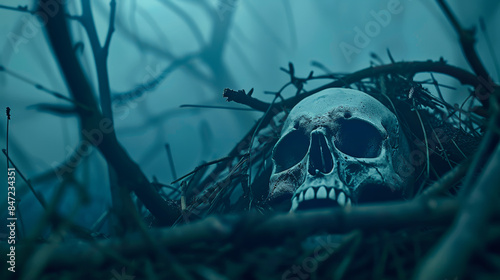 human skull in dark foggy forest with branches and twigs