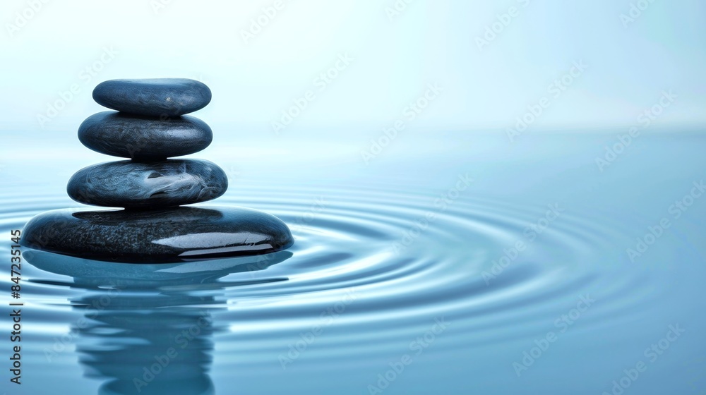 Zen stone stack balanced on water for calming meditation. Peaceful rock piles concept for tranquility and relaxation. Minimalistic and serene visual for spa and wellness themes. AI Zen stone stack balanced on water for calming meditation. Peaceful rock piles concept for tranquility and relaxation. Minimalistic and serene visual for spa and wellness themes. AI