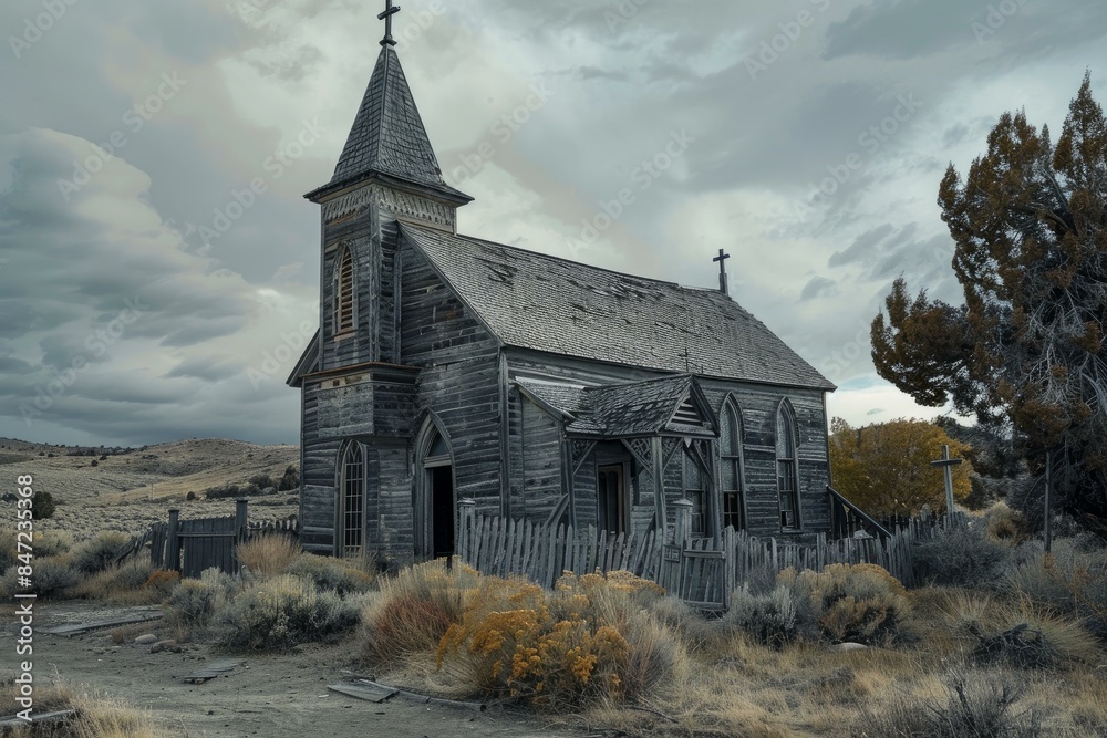 Fototapeta premium Abandoned wooden church building with broken windows is falling apart on the great plains