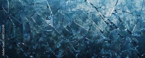Fractured glass panel reflecting icy blue light, forming a chilling and artistic arrangement photo