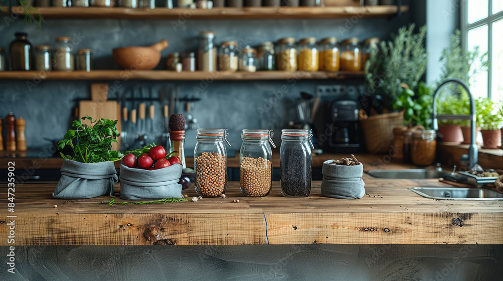 A modern kitchen with reusable containers, cloth bags, and zero-waste products prominently displayed A modern kitchen with reusable containers, cloth bags, and zero-waste products prominently displayed