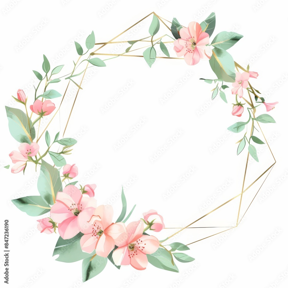 Gold geometric frame with a pink floral wreath on a white background Gold geometric frame with a pink floral wreath on a white background