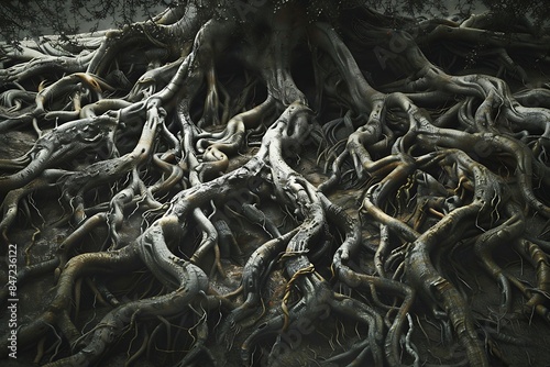 A requiem's counterpoint visualized as the intertwining roots of ancient trees
