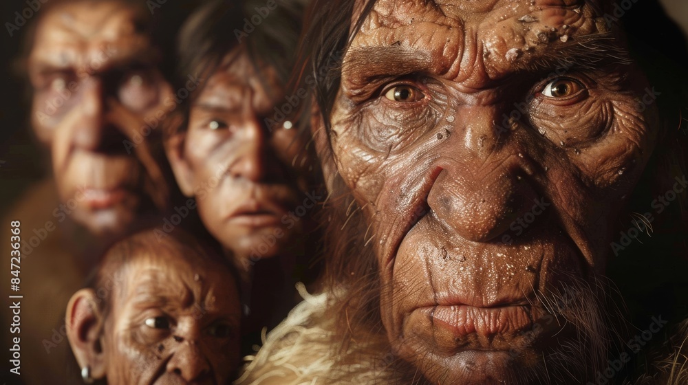 Family portrait of Neanderthals in prehistoric era Family portrait of Neanderthals in prehistoric era