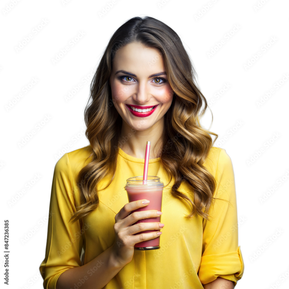 Smiling woman enjoying a fresh smoothie on transparent background Smiling woman enjoying a fresh smoothie on transparent background