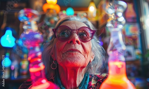 An elderly woman hippy in sunglasses