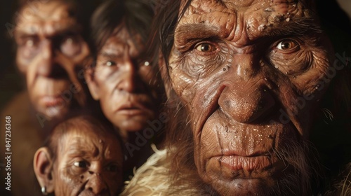 Family portrait of Neanderthals in prehistoric era photo